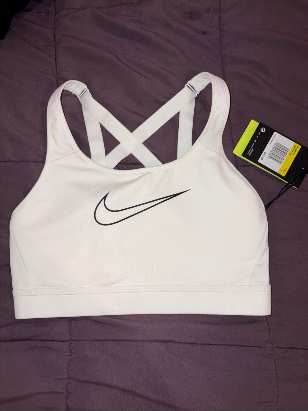 Nike White Cross-Back Medium Support Sports Bra with Black Swoosh Size Small NWT